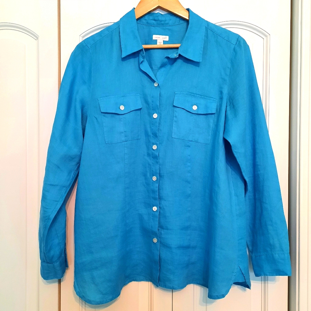J Jill button down linen shirt sz M bright blue